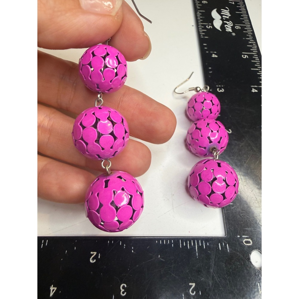 Magenta Pink Triple Tier Orb Drop Earrings Perforated Bead Statement Jewelry